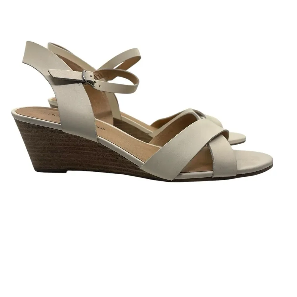 Lucky Brand 10 M Shoes Low Wedge Heel Sandals Leather Ivory Heels